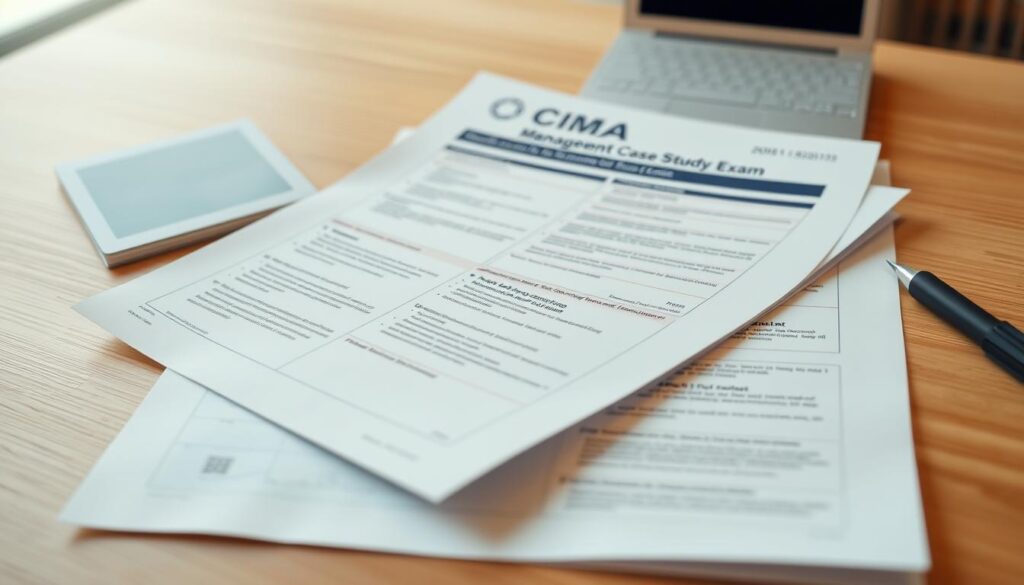 A high-quality examination paper for the CIMAPRO19-CS2-1-ENG management case study exam, displayed on a clean wooden desk with a subtle warm lighting. The paper features a professional, minimalist design with clean typography, organized sections, and a sense of academic rigor. The background is blurred, emphasizing the examination document as the focal point. The overall atmosphere conveys a serious, concentrated, and contemplative mood suitable for a challenging management certification exam.