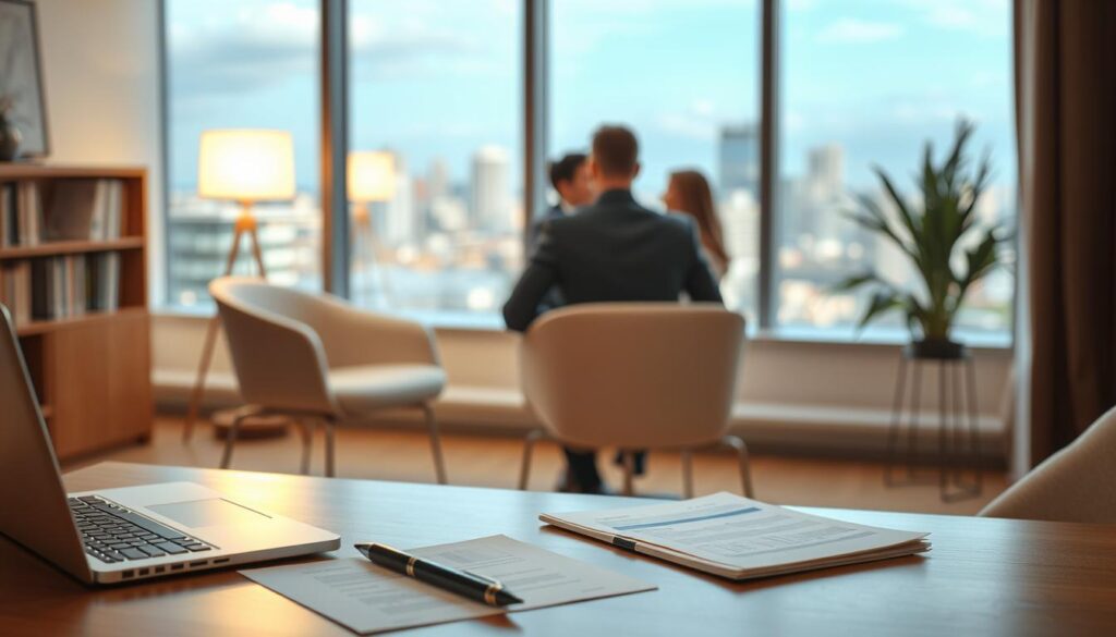 A serene office setting, with a warm, professional atmosphere. In the foreground, a desk with a laptop, pen, and paperwork neatly arranged, symbolizing the diligent service provided. In the middle ground, two people sitting across from each other, engaged in a constructive discussion, representing the care and attention given to each client. The background features a large window overlooking a cityscape, suggesting the scope and reliability of the service. Soft, directional lighting casts a subtle glow, creating a sense of trustworthiness and security. The overall composition conveys a well-organized, dependable, and customer-centric service experience.