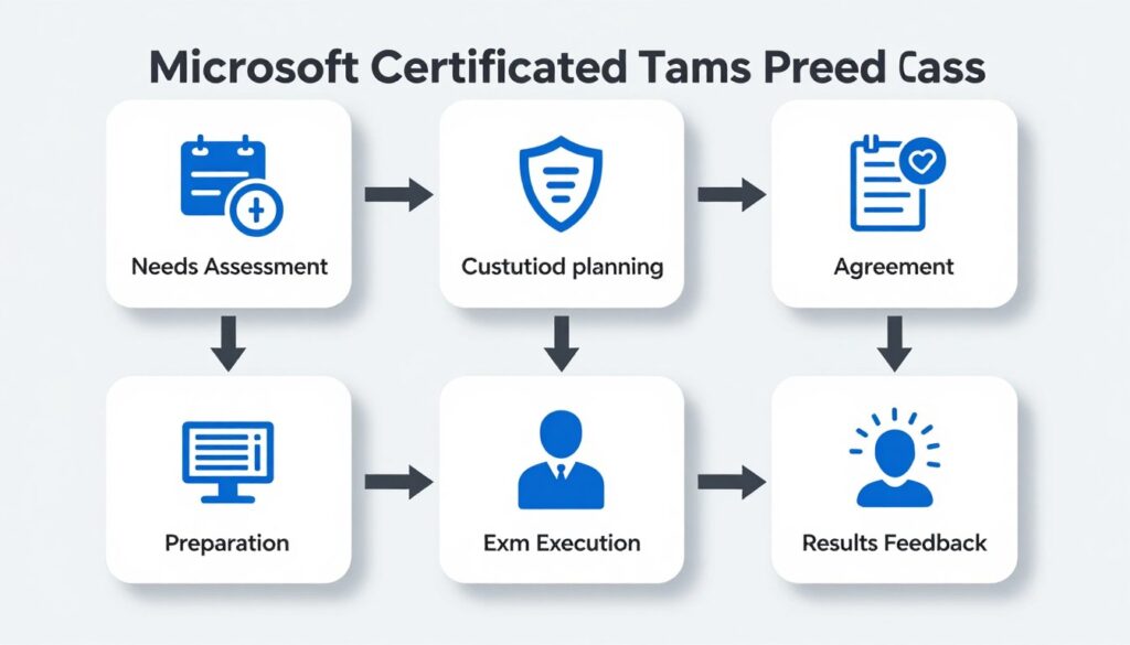 Microsoft代考认证服务的六步流程图，从需求沟通到成绩反馈