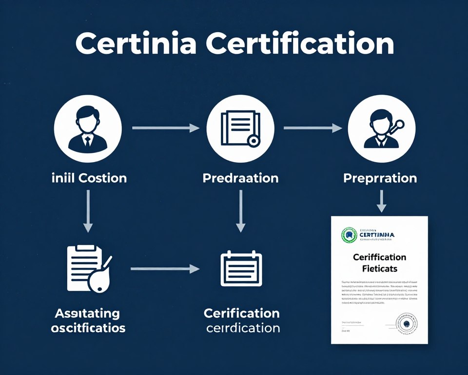 Certinia 認證代考服務的完整流程示意圖，從需求評估到成功獲證