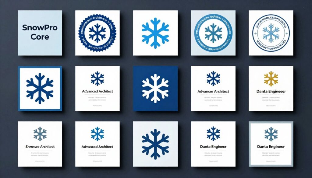 各種Snowflake認證類型展示，包括SnowPro Core和Advanced認證