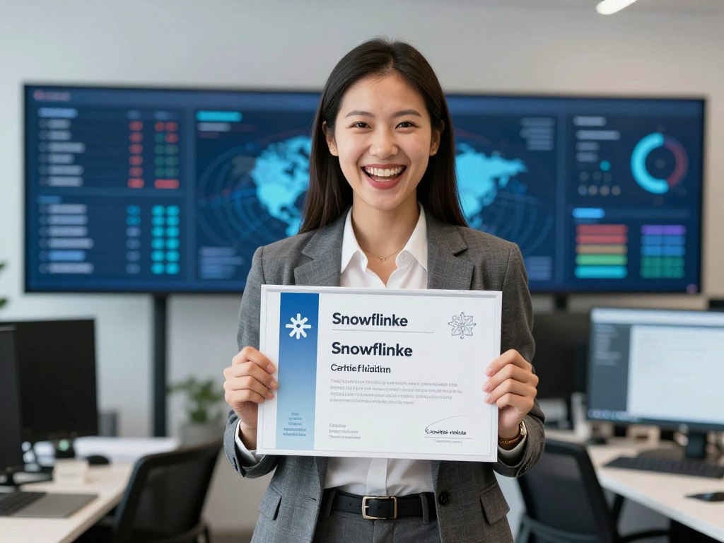 成功通過Snowflake認證的證書展示與慶祝場景