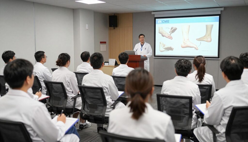 Medical professional attending continuing education seminar for board certification maintenance