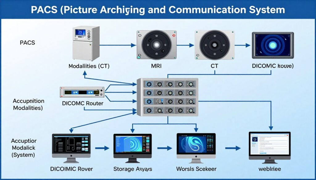 PACS system architecture diagram showing components and data flow in medical imaging infrastructure