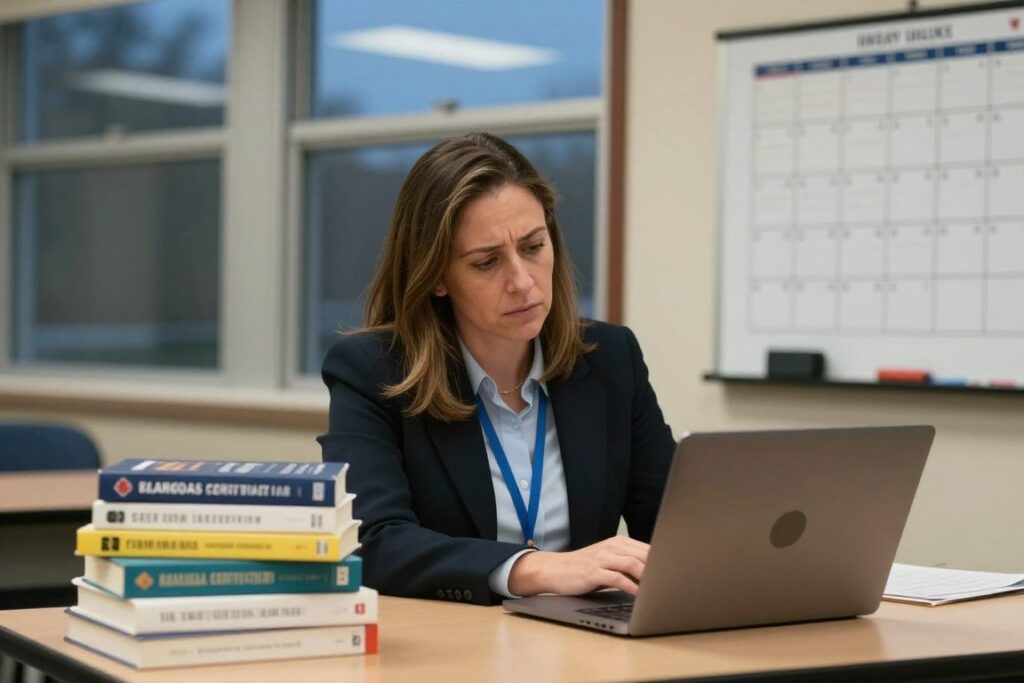 Busy teacher balancing work and exam preparation with calendar and books