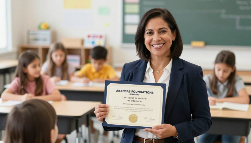 Successful teacher receiving Arkansas reading certification in classroom Successful teacher receiving Arkansas reading certification in classroom