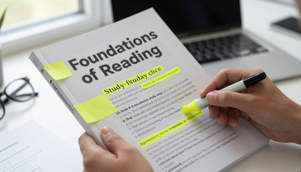 Teacher studying Arkansas foundations reading certification materials with highlighter Teacher studying Arkansas foundations reading certification materials with highlighter