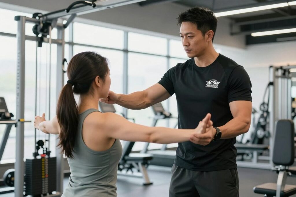 健身教練使用ACSM認證專業知識指導客戶進行運動訓練