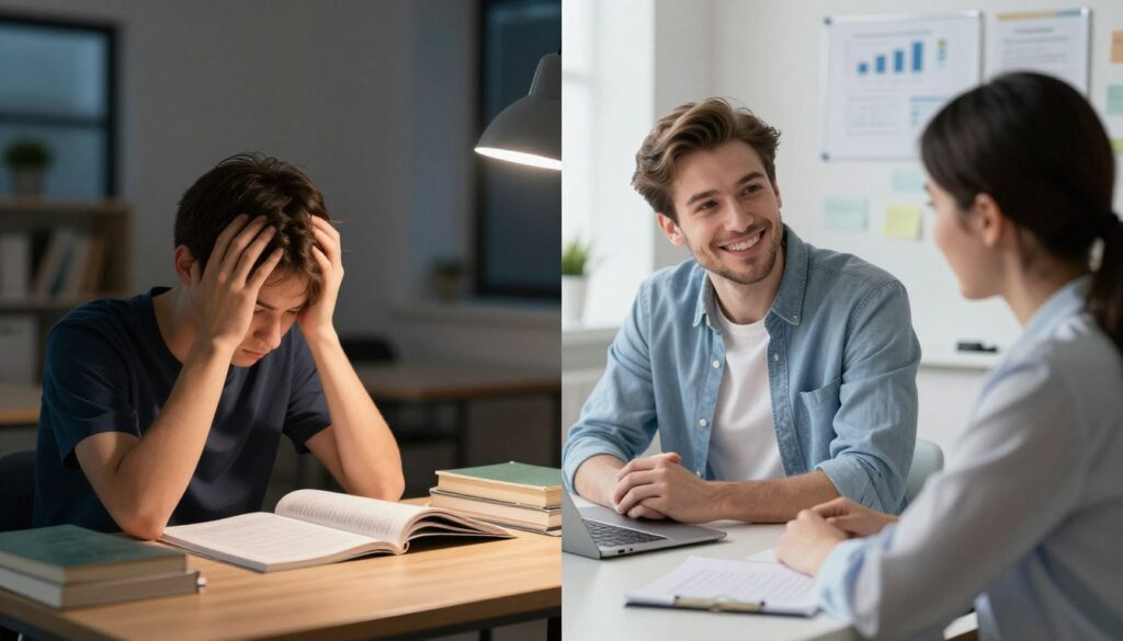 傳統自學備考與專業輔導服務的對比場景