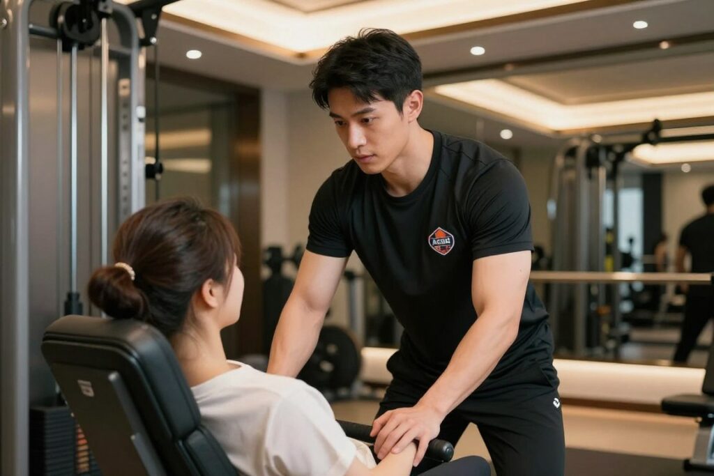 成功取得ACSM CPT認證的健身教練在工作室指導客戶