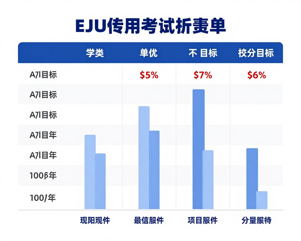 EJU代考服務價格表展示不同科目和分數要求的費用區間