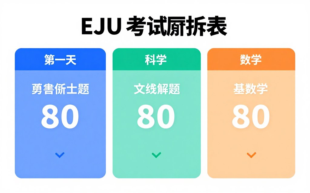 EJU日本留學考試各科目考試時間分配圖表顯示80分鐘至125分鐘不等的考試時長