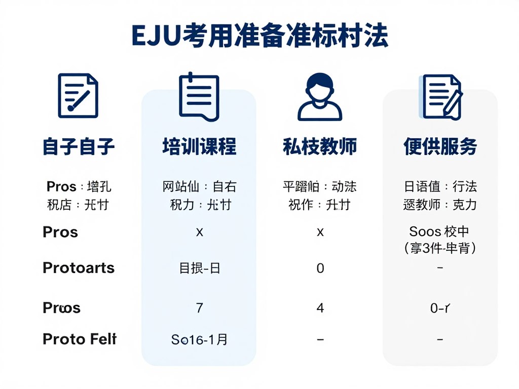 不同EJU備考方式的對比圖表展示自學培訓班家教和代考服務的特點