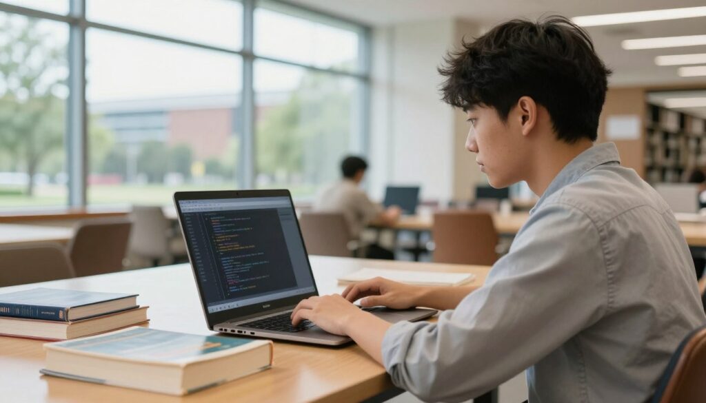 學生在圖書館中專注學習軟件工程課程