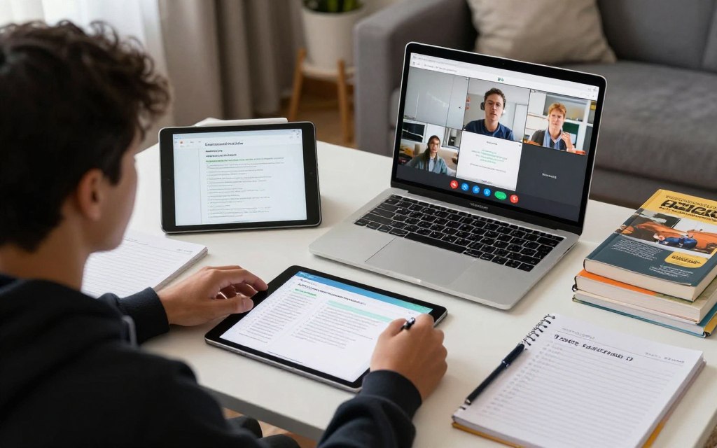 學生在家中使用多個設備參加在線課程,筆記型電腦屏幕顯示視頻會議課堂