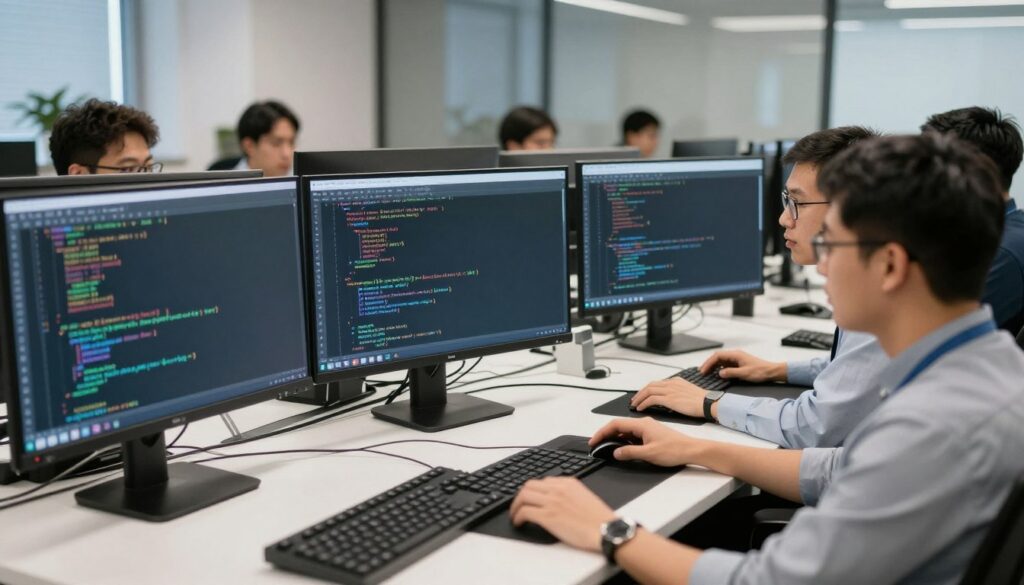 專業團隊進行代碼審查和質量測試的工作場景