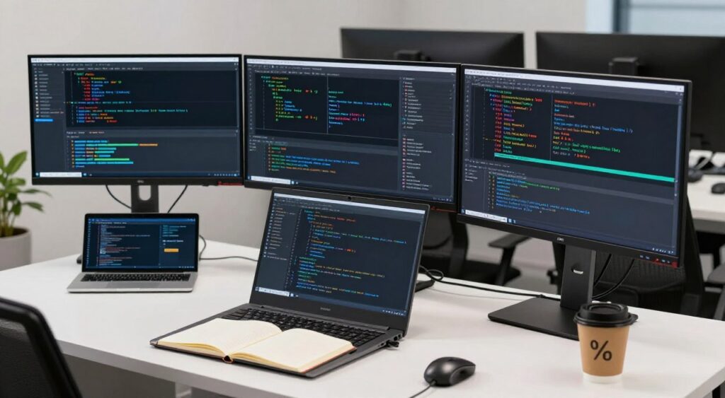 專業的數據科學工作站,多個顯示器展示不同的數據分析圖表和機器學習模型結果