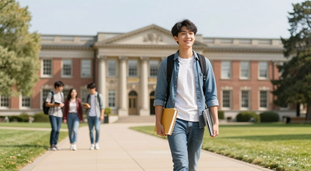 成功的留學生在校園內自信地行走,手持課本和筆記型電腦,陽光明媚的校園環境