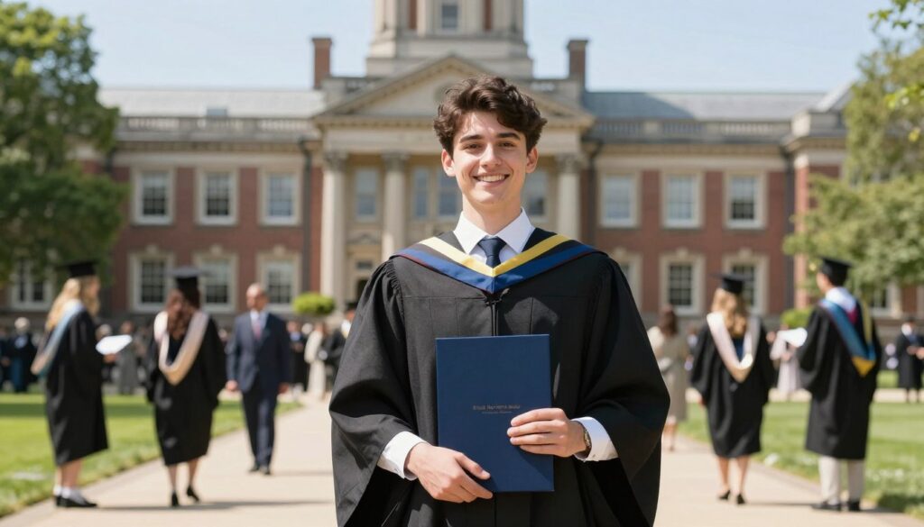 成功的留學生在畢業典禮上,身穿學士服,手持畢業證書,露出自信笑容