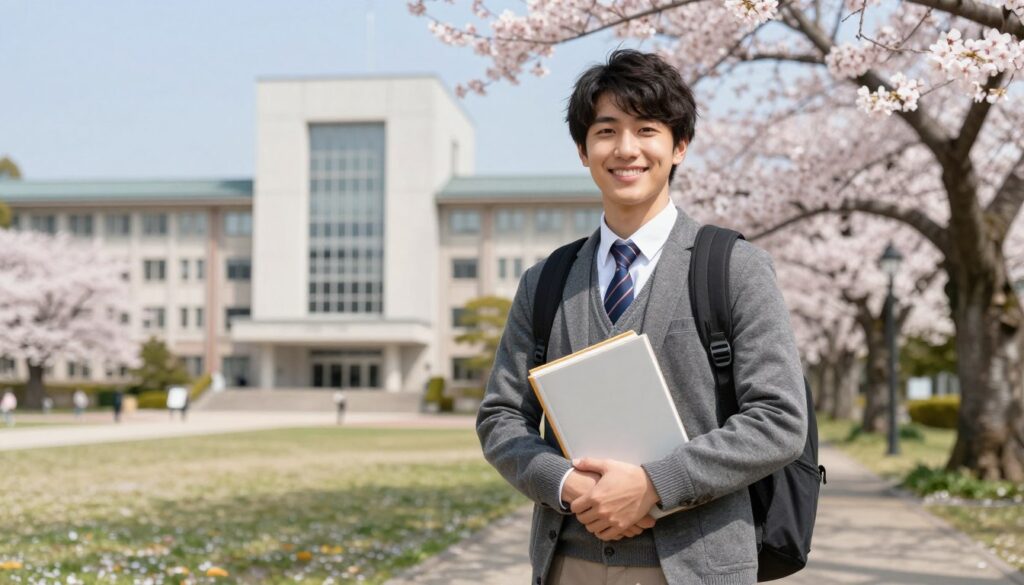 成功的留學生站在日本大學校園展望未來充滿信心和希望