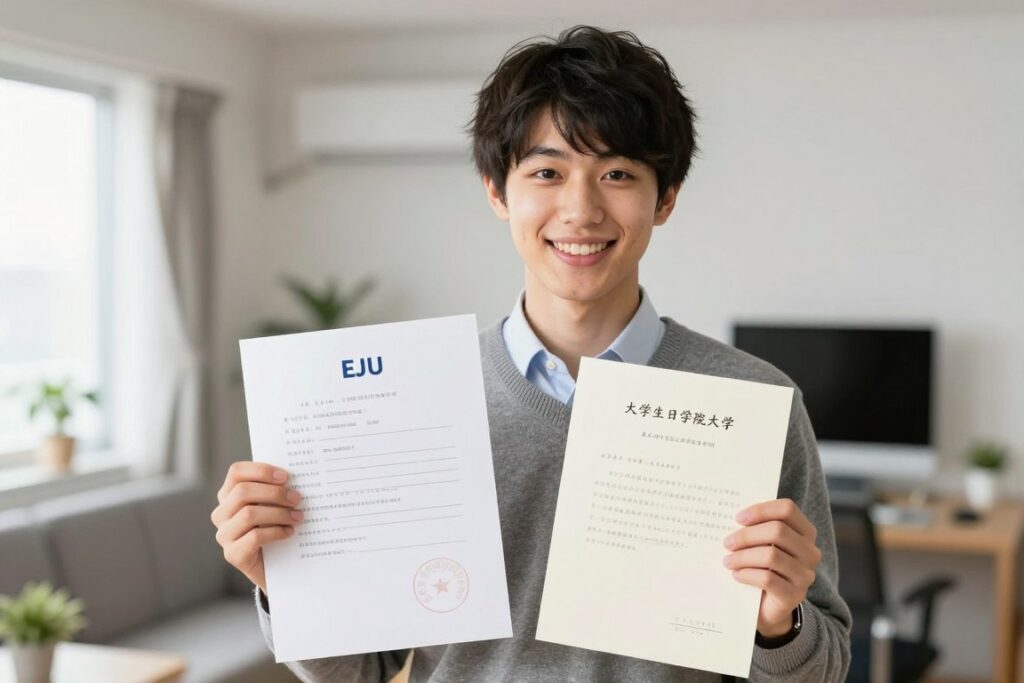 成功考生展示EJU高分成績單和日本大學錄取通知書