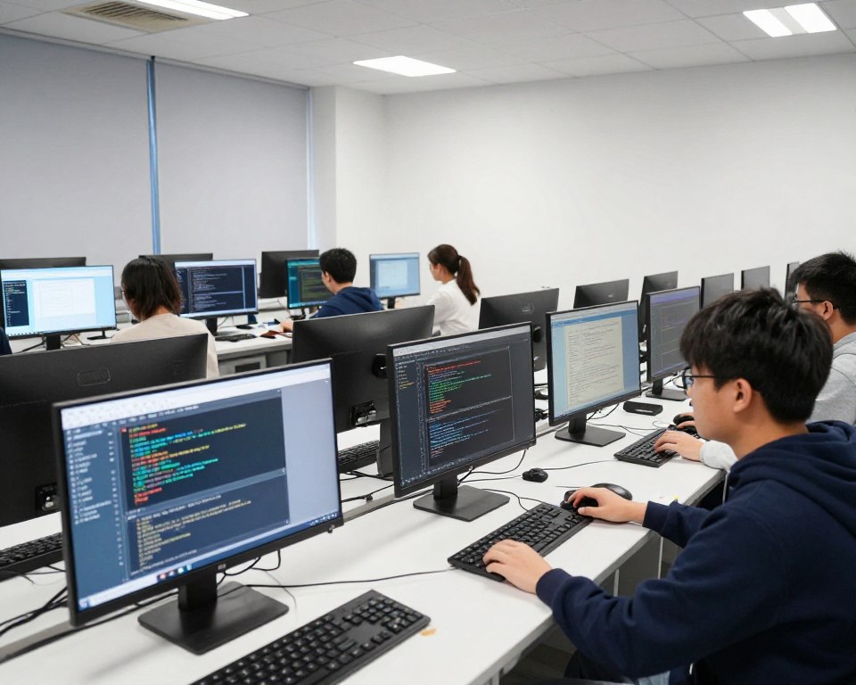 現代化的計算機實驗室,學生在多台電腦前學習不同的編程語言和數據分析工具