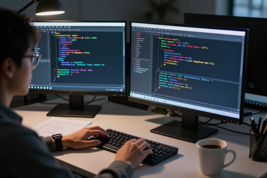 程序員在深夜工作,電腦屏幕顯示複雜的Python代碼和調試界面,桌上有咖啡和筆記