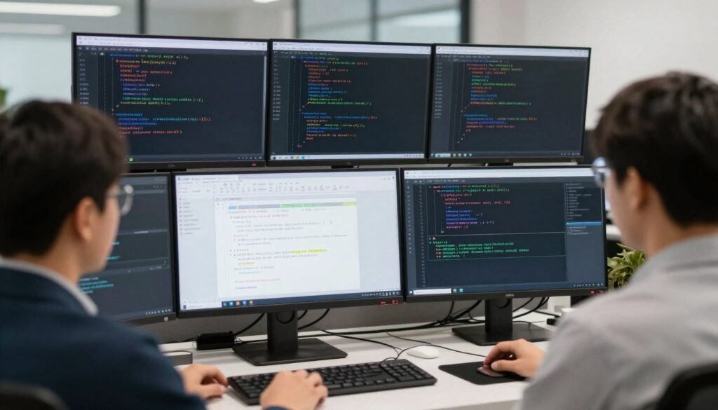 質量檢查團隊在審核代碼,多個屏幕顯示代碼審查工具和測試結果報告