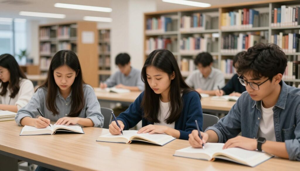 國際學生在圖書館研讀工程教材