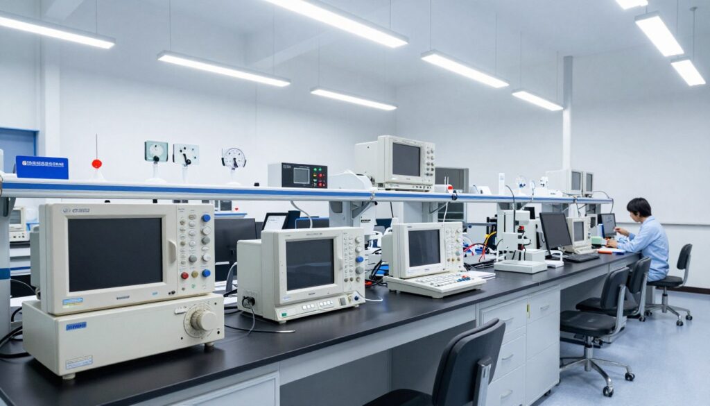 物理實驗室場景展示各種物理實驗設備和測量儀器
