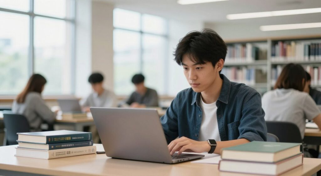 留學生在圖書館學習化學課程