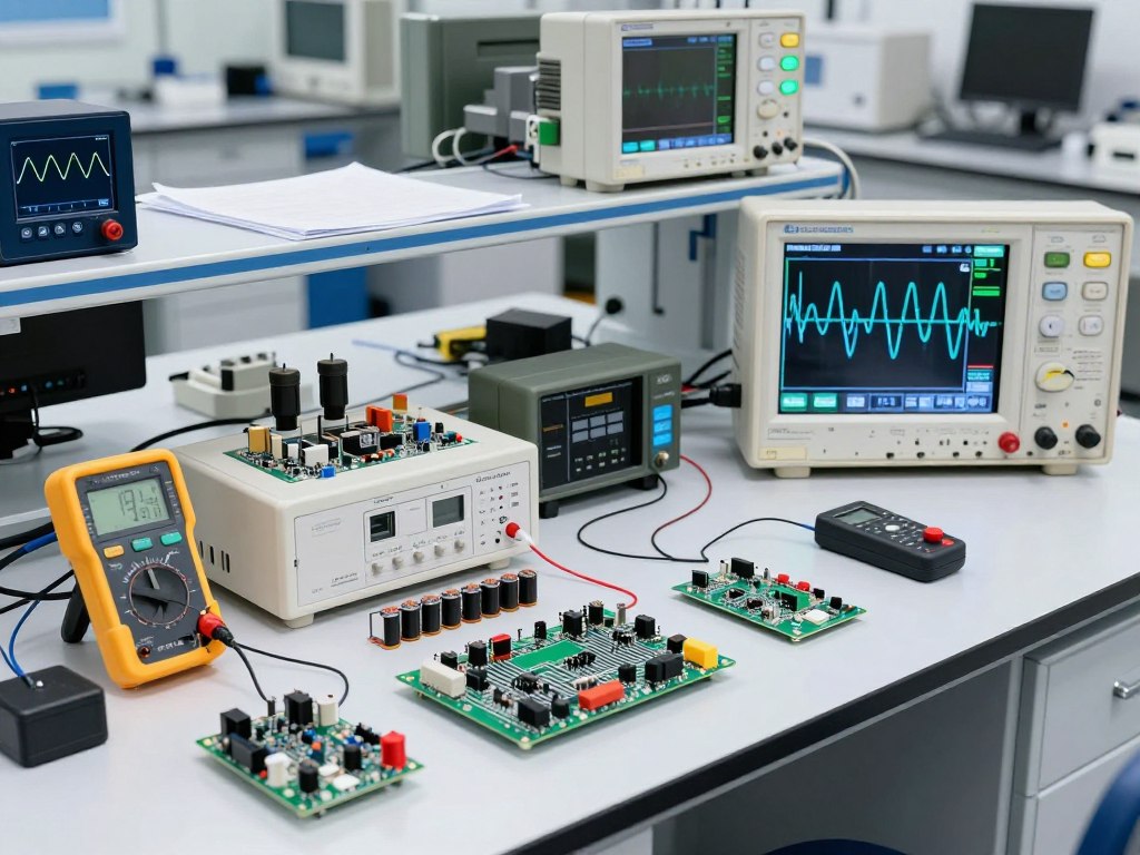 電磁學相關實驗設備展示,包含電路板和磁場測量儀器